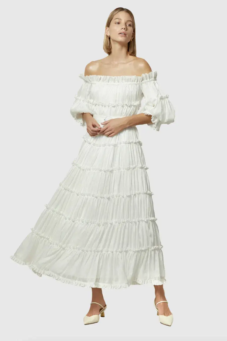 Leo Lin Luminous Silk Linen Dress in White Size AU 12  for rent on The Volte - main image