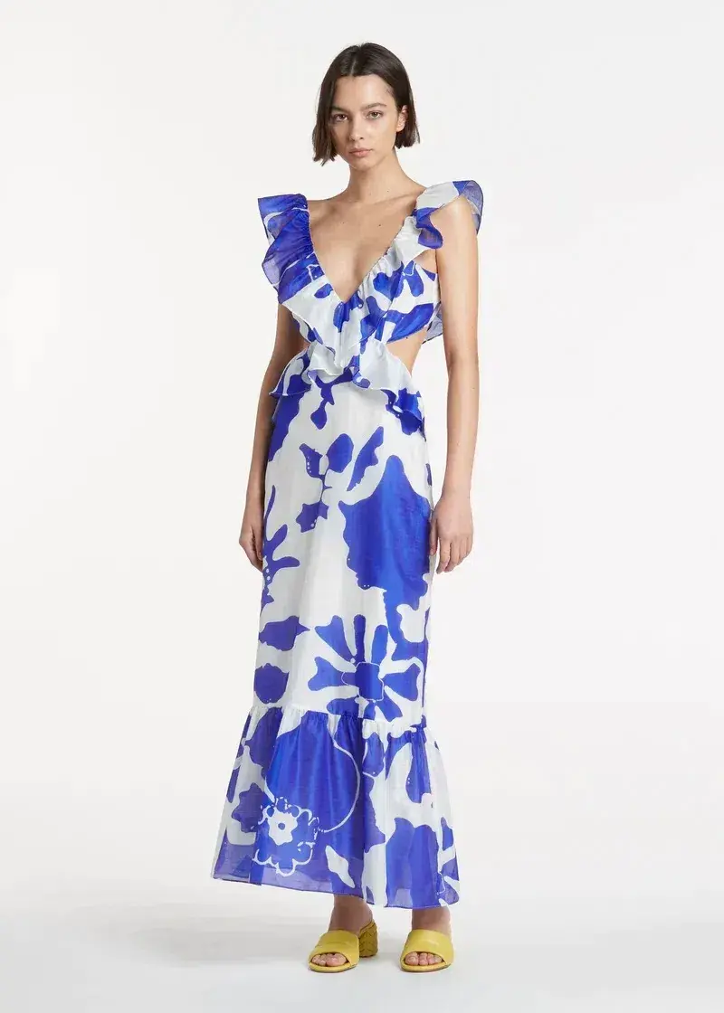 Sir the Label Vivi Frill Maxi Dress Blue Print Size 1/AU 8 - Image 1