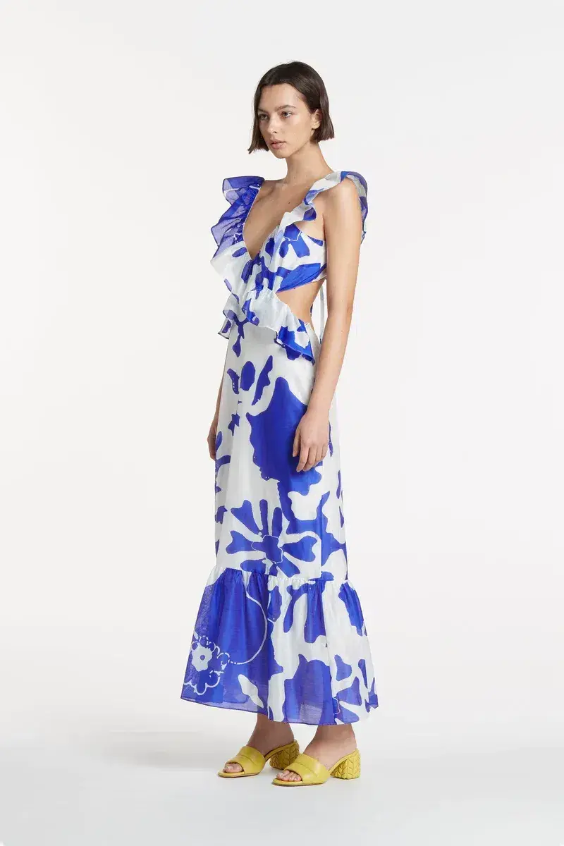 Sir the Label Vivi Frill Maxi Dress Blue Print Size 1/AU 8 for rent on The Volte - main image