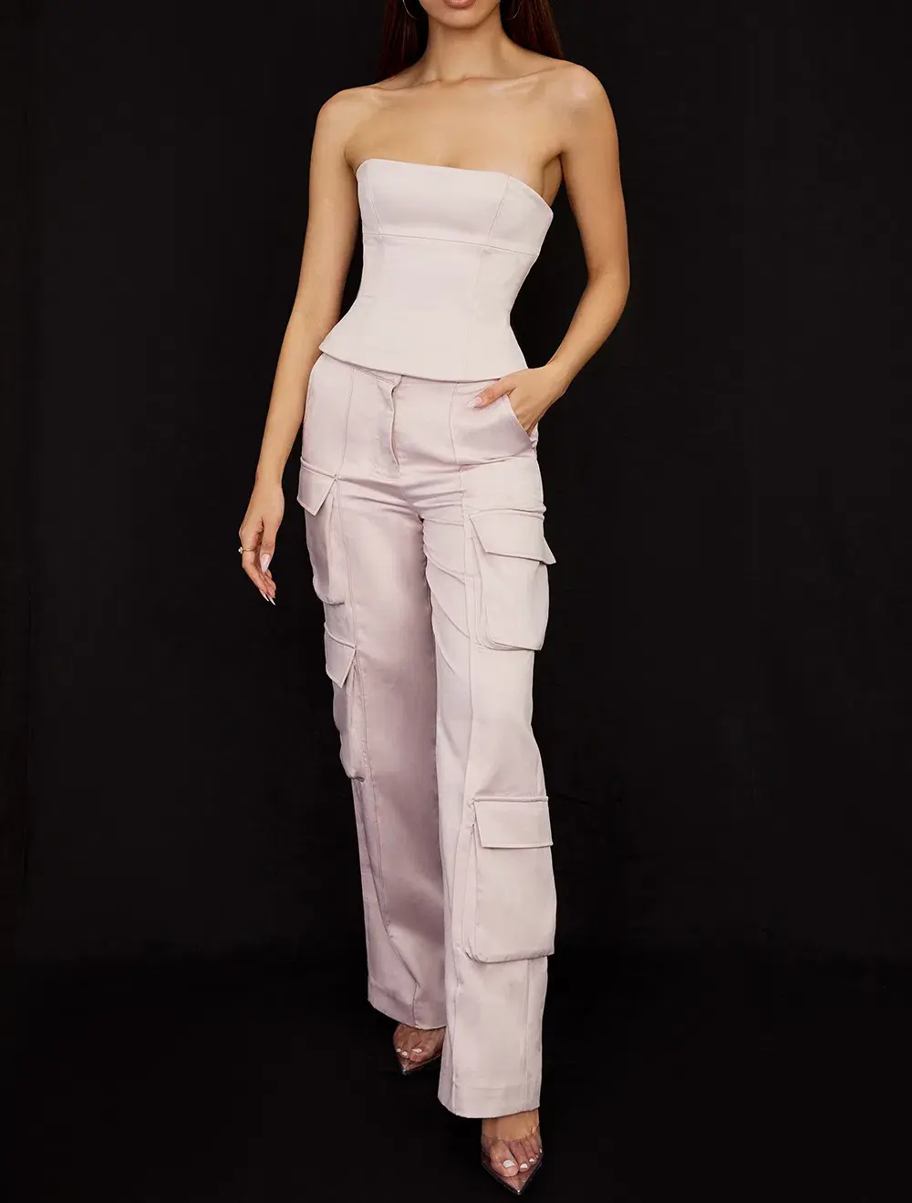 House of CB Angelica Strapless Corset and Daria Cargo Trousers Set Crystal Size 8 for rent on The Volte - main image