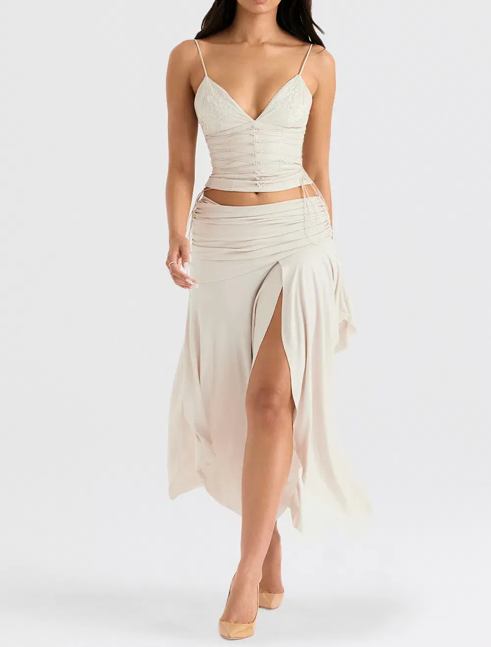 House of CB Antonella Vegan Leather Corset and Kaira Draped Midi Skirt Set Off White Size 8 for rent on The Volte - main image