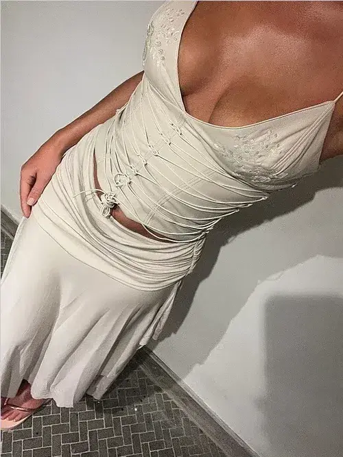 House of CB Antonella Vegan Leather Corset and Kaira Draped Midi Skirt Set Off White Size 8 for rent on The Volte - main image