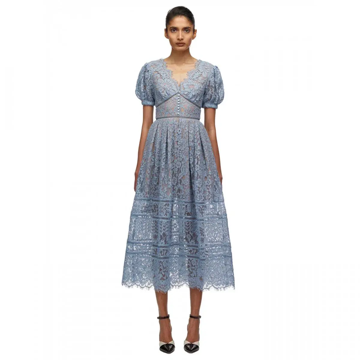 Self Portrait Fine Cord Lace Midi Dress Blue Size 10  - Image 1