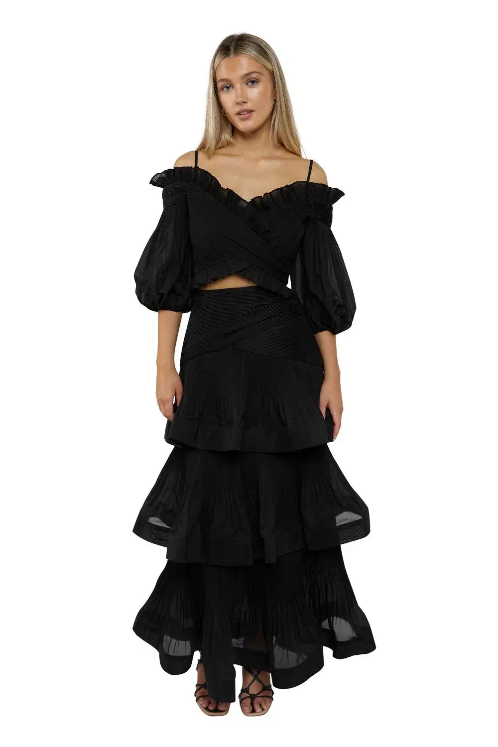 Zimmermann Pleated Off Shoulder Top and Pleated Ruffle Tier Skirt Set Black Size 2/ 12 - Image 1