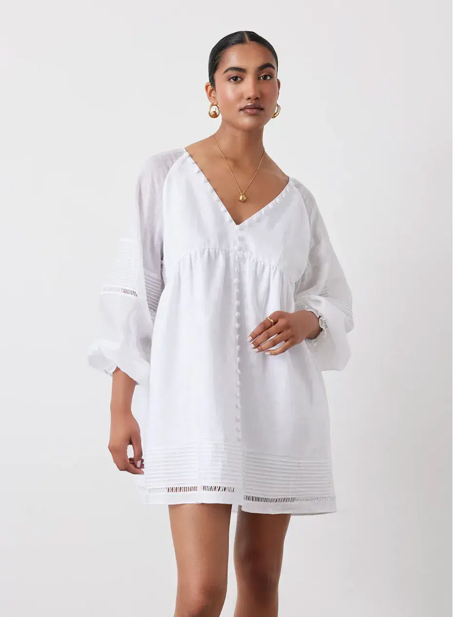 Joslin Lilian Linen Ramie Mini Smock Dress White Size 14 - Image 2