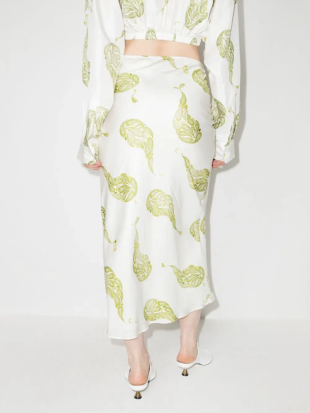 Christopher Esber Ruched Paisley Silk Maxi Skirt in Green Size 8 for rent on The Volte - main image