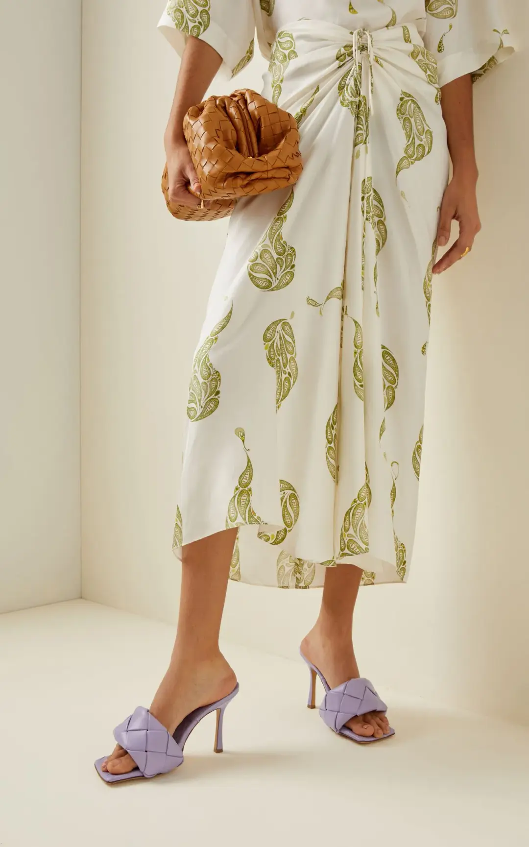 Christopher Esber Ruched Paisley Silk Maxi Skirt in Green Size 8 for rent on The Volte - main image