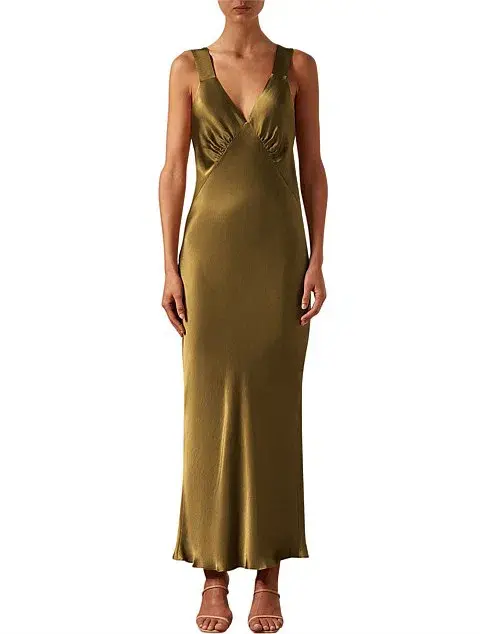 Shona Joy Giorgia Plunged Midi Dress Olive Green Size AU 12 - Image 1