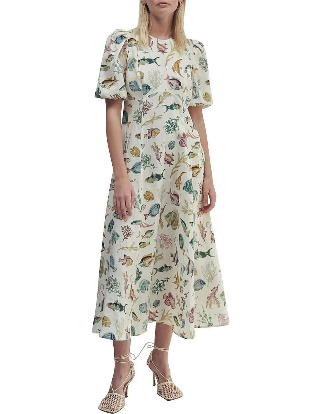 Alemais Wanda Linen Midi Dress Fish Underwater Size 10 for rent on The Volte - main image