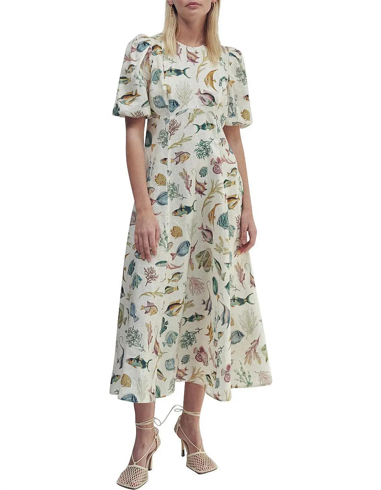 Alemais Wanda Linen Midi Dress Fish Underwater Size 10 - Image 5