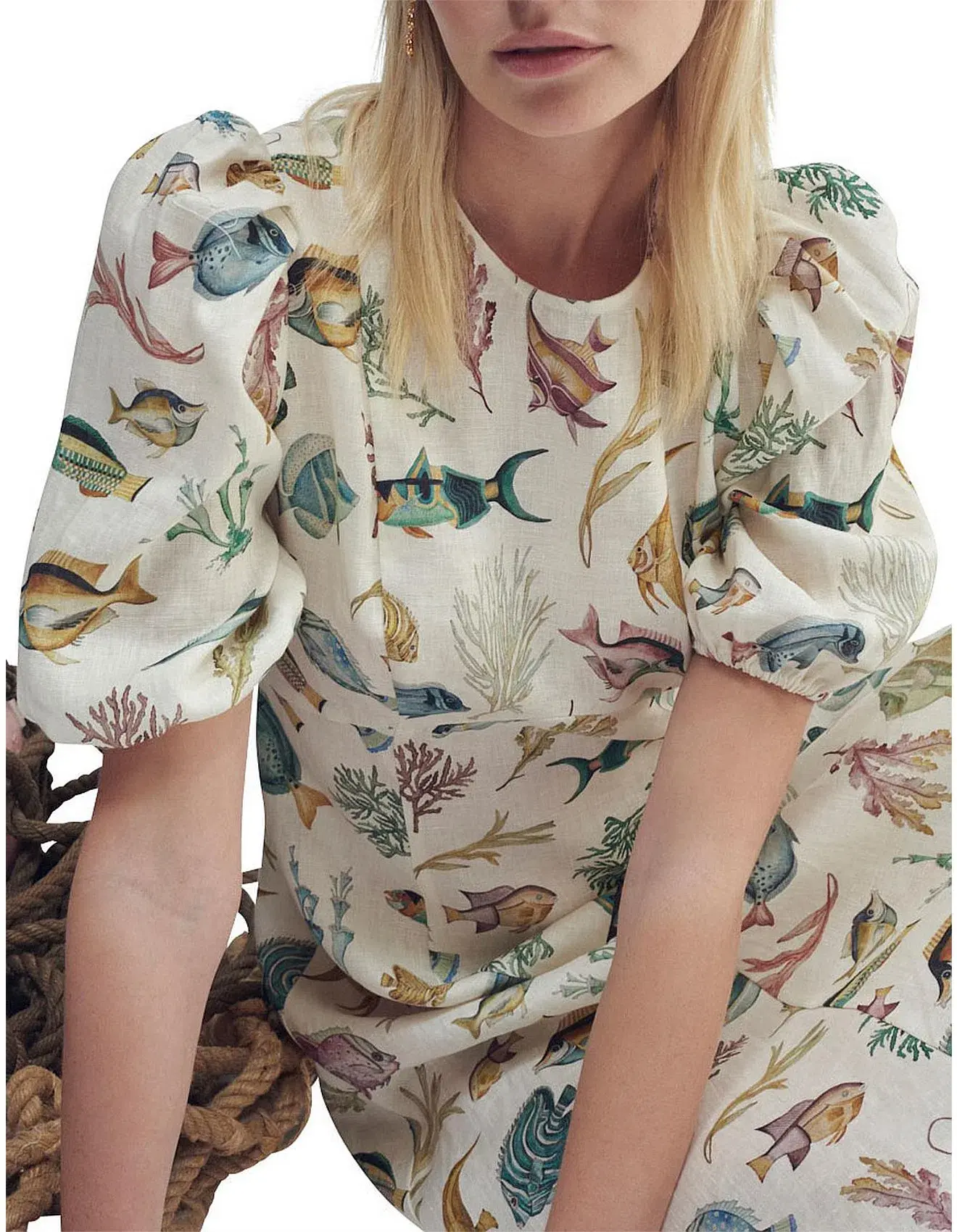 Alemais Wanda Linen Midi Dress Fish Underwater Size 10 - Image 8