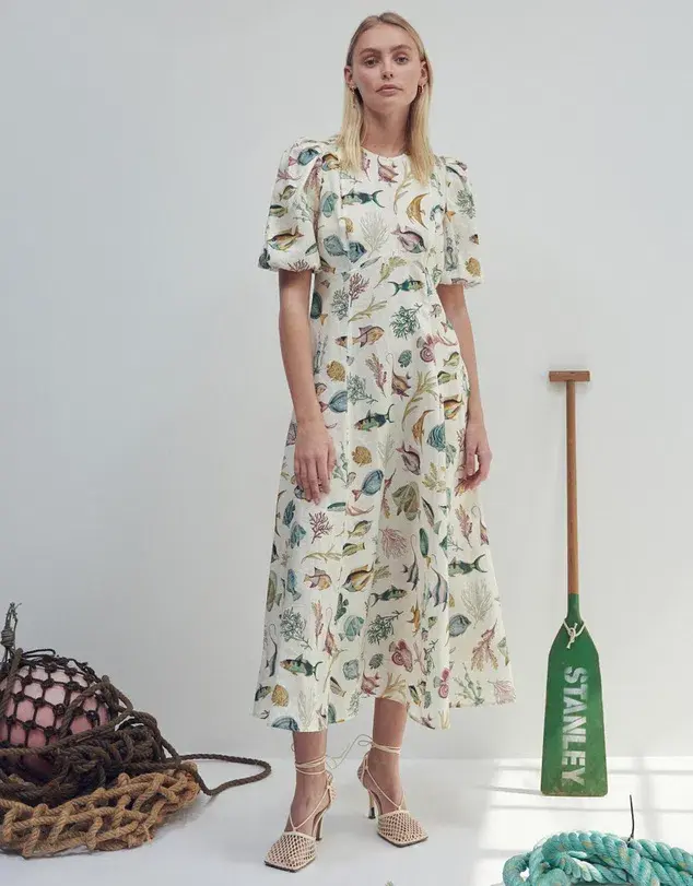 Alemais Wanda Linen Midi Dress Fish Underwater Size 10 for rent on The Volte - main image