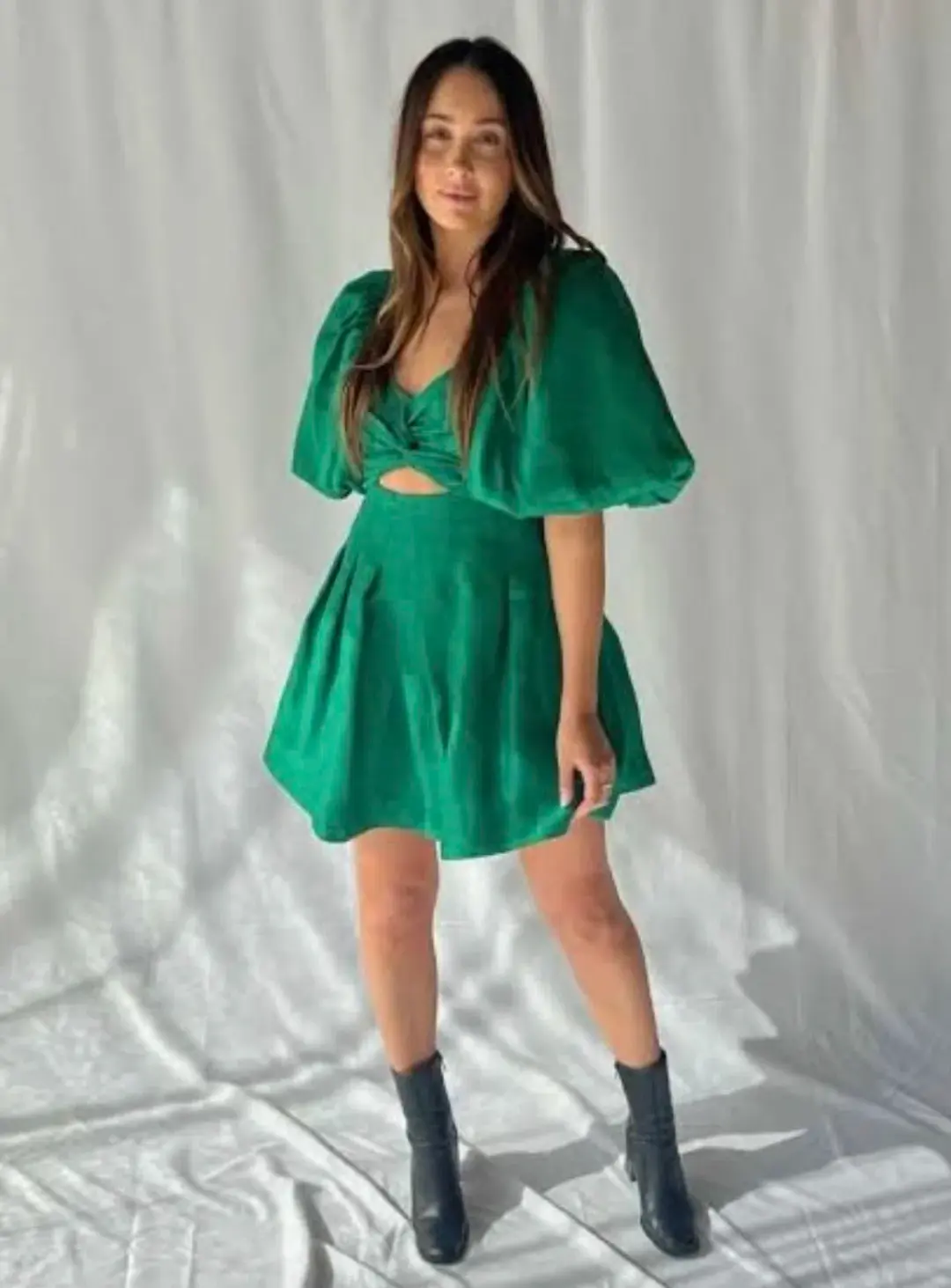 AJE Dusk Knot Puff Sleeve Mini Dress Emerald Size 6 for rent on The Volte - main image