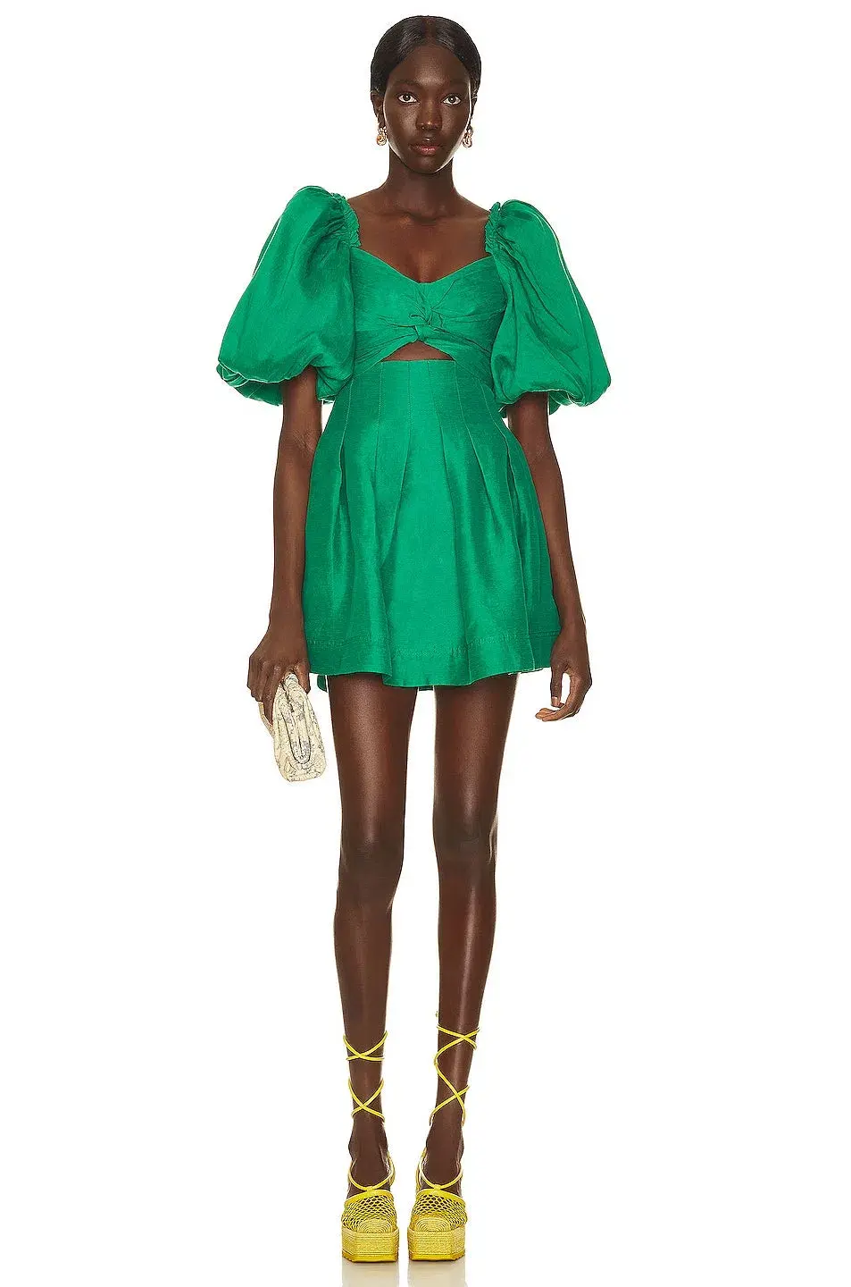 AJE Dusk Knot Puff Sleeve Mini Dress Emerald Size 6 for rent on The Volte - main image
