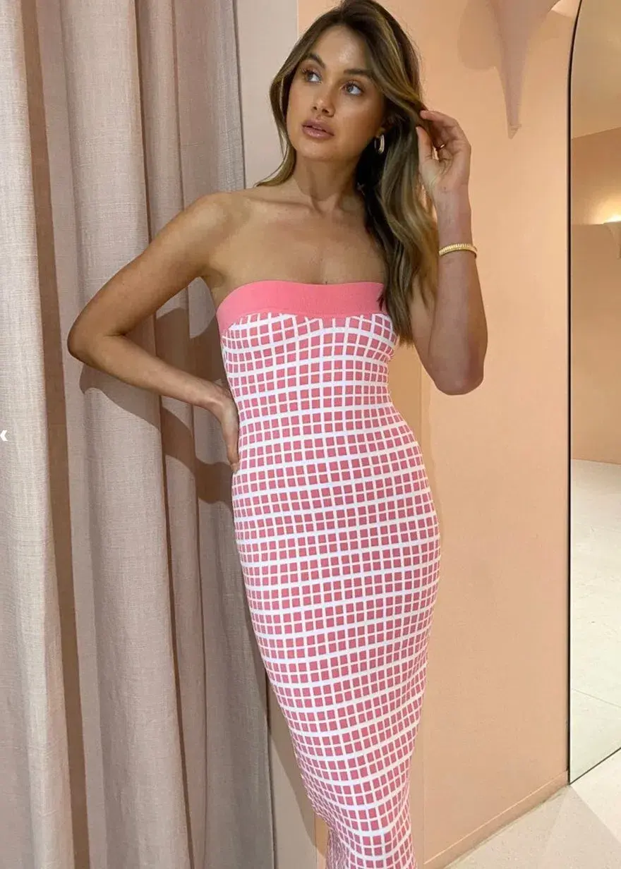 By Johnny Isabella Check Strapless Knit Dress Pink Size Small/Au 8 - Image 2