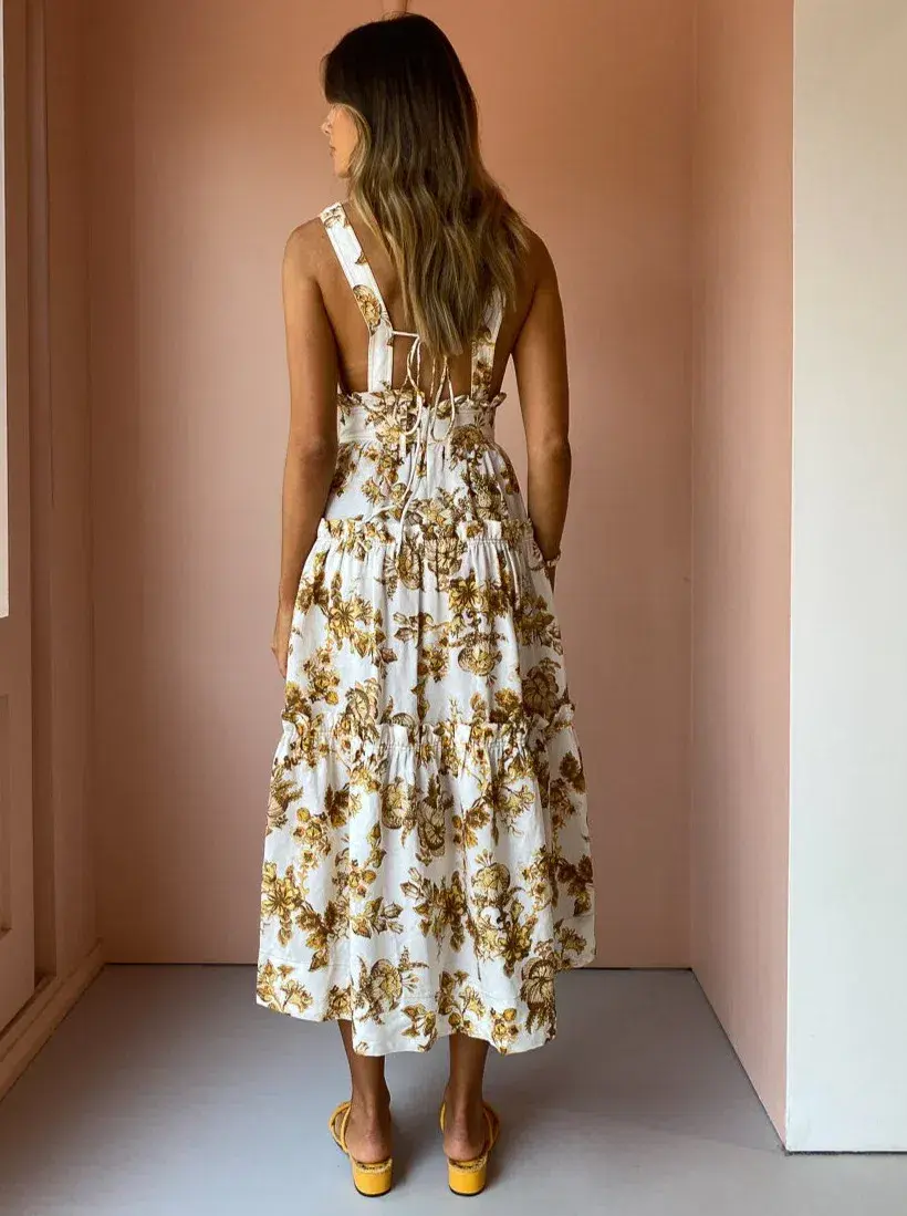 Shona Joy Bella Plunged Tiered Midi Dress Print Size 10  - Image 3