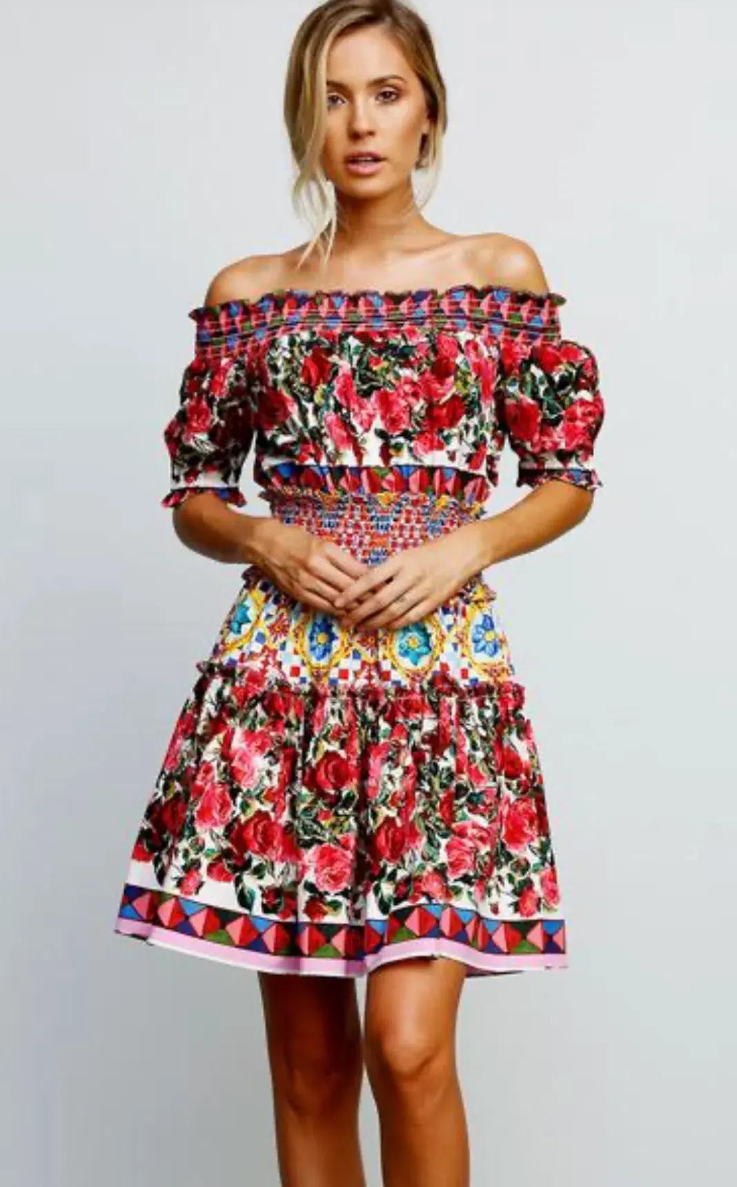 Stylekeepers Wild Flowers Off The Shoulder Mini Dress Multi Floral Size S / AU 8 - Image 1