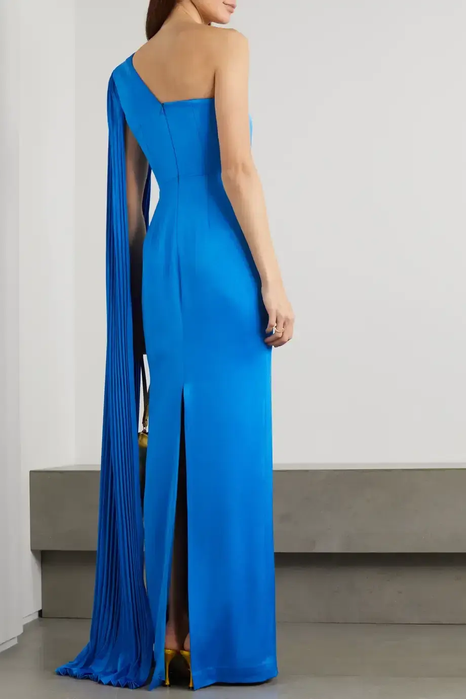 Alex Perry Marnel One Shoulder Cape Effect Pleated Satin Crepe Maxi Dress Blue Size 8 - Image 3