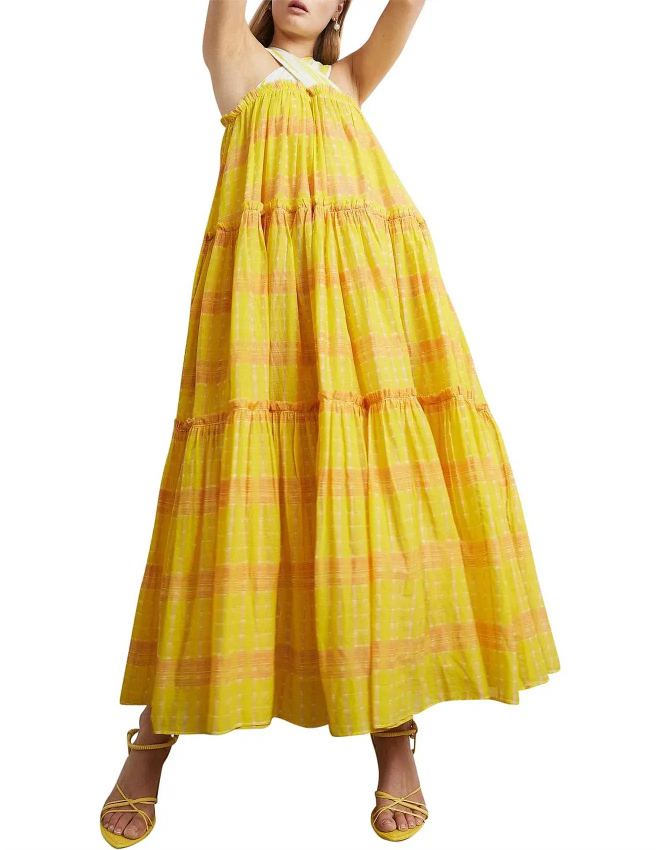 Aje Wilderness Tiered Dress Yellow Check Size 6 - Image 4