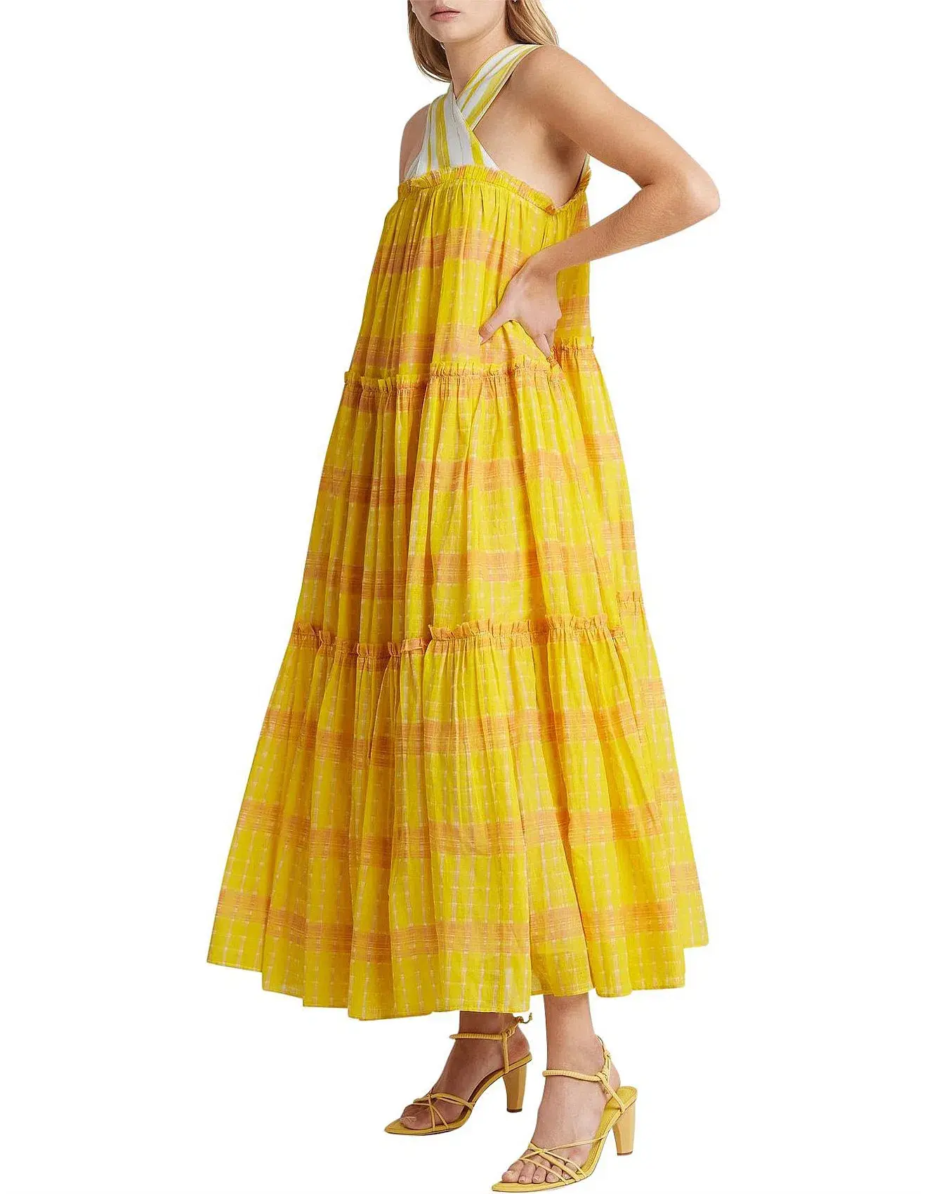 Aje Wilderness Tiered Dress Yellow Check Size 6 - Image 2