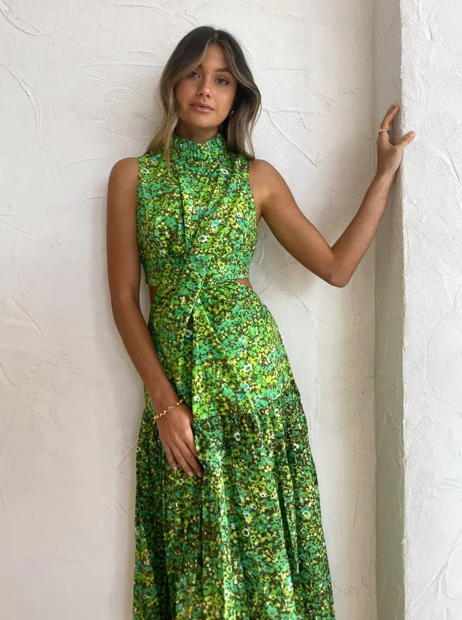 Alemais Phyllis Twist Front Pleat Dress in Acid Green Size 10 - Image 2
