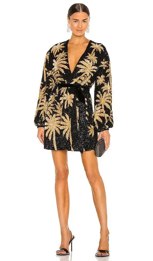 Retrofete Gabrielle Robe Dress in Blac/Gold Palm Size 6 - Image 2