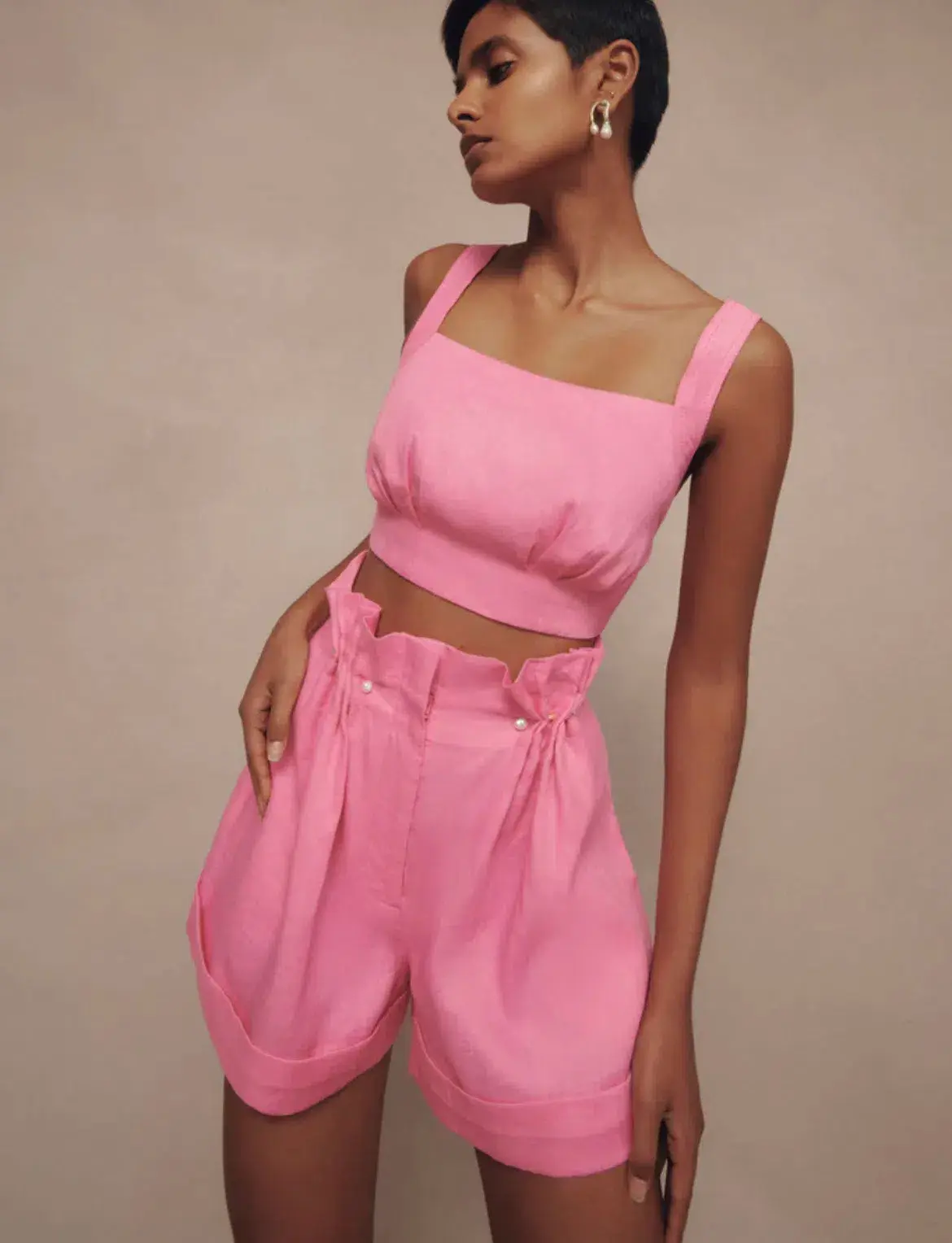 Aje Paper Bag Shorts & Tie Back Top Two Piece Set in Pink Size 6  - Image 3