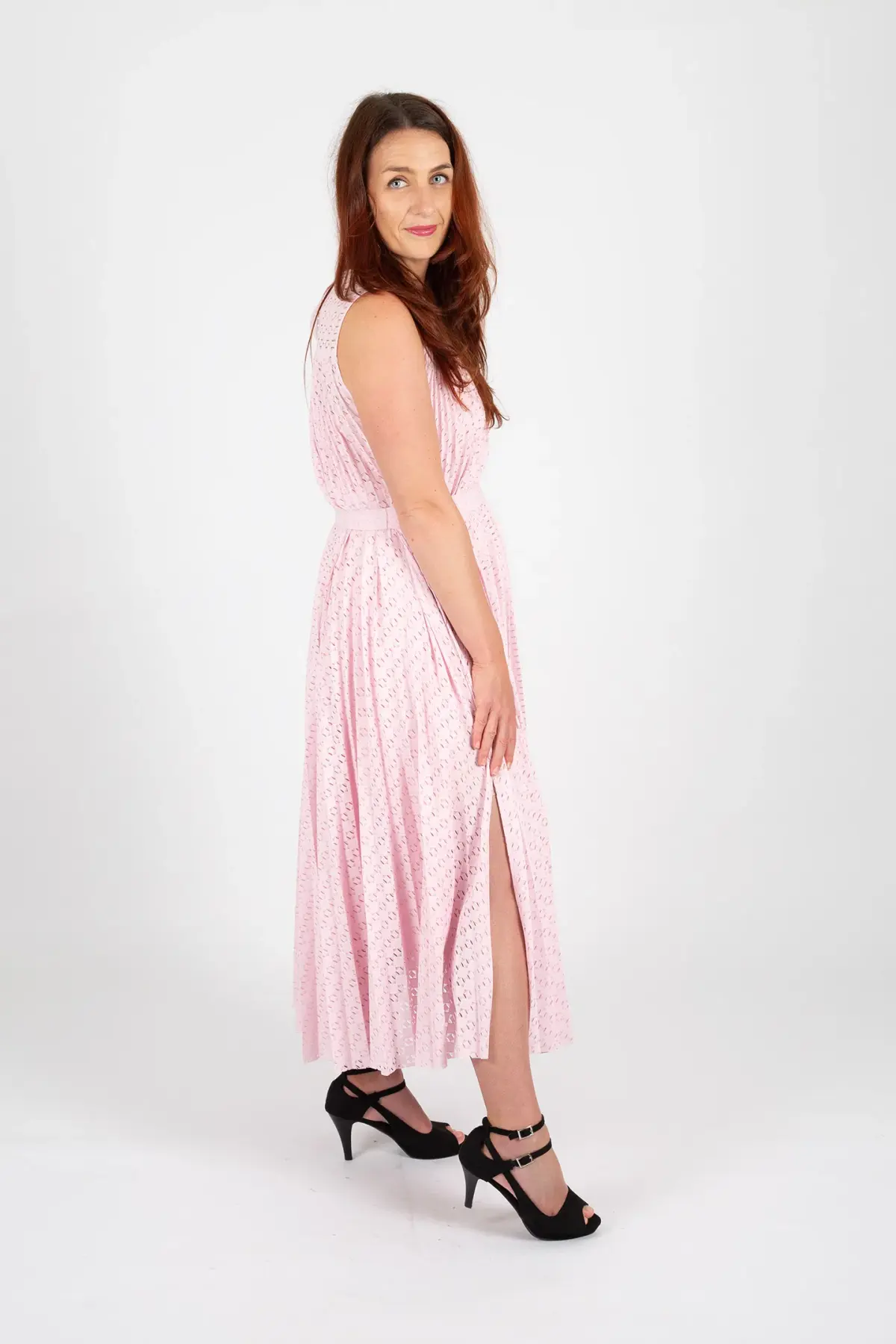 Hugo Boss Belted Stretch Lace Midi Dress Pastel Pink Size 10 - Image 4