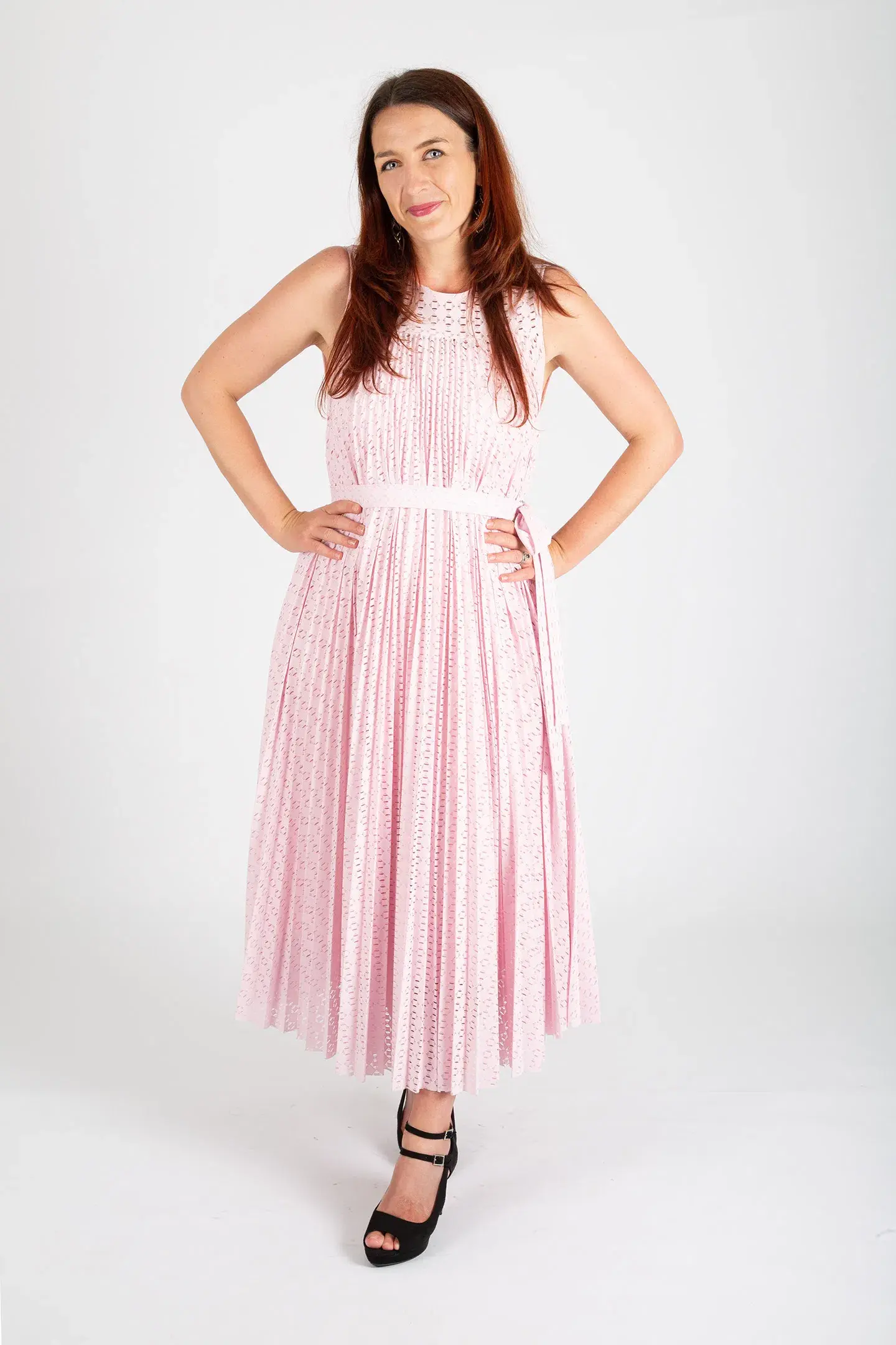 Hugo Boss Belted Stretch Lace Midi Dress Pastel Pink Size 10 - Image 1