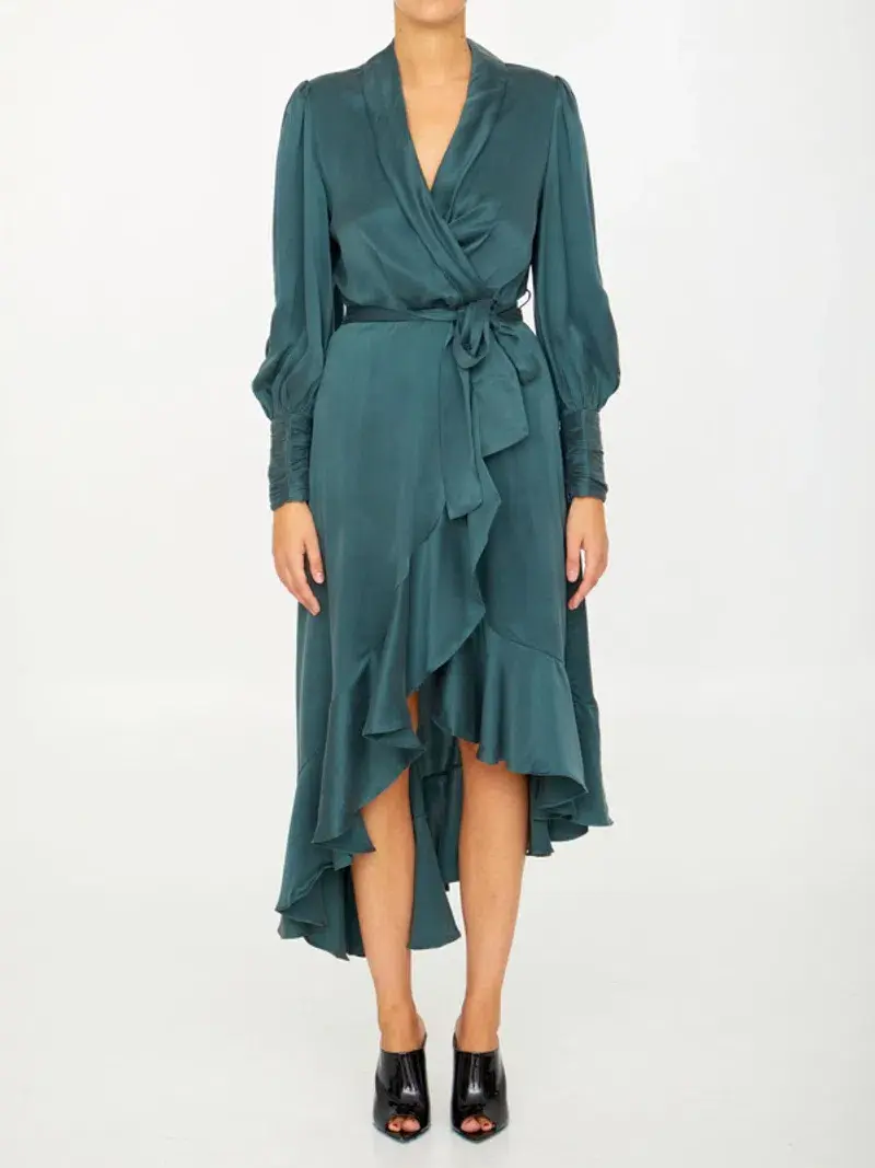 Zimmermann Asymmetric Ruffled Silk-satin Wrap Dress in Green Size 2 / AU 12 - Image 1