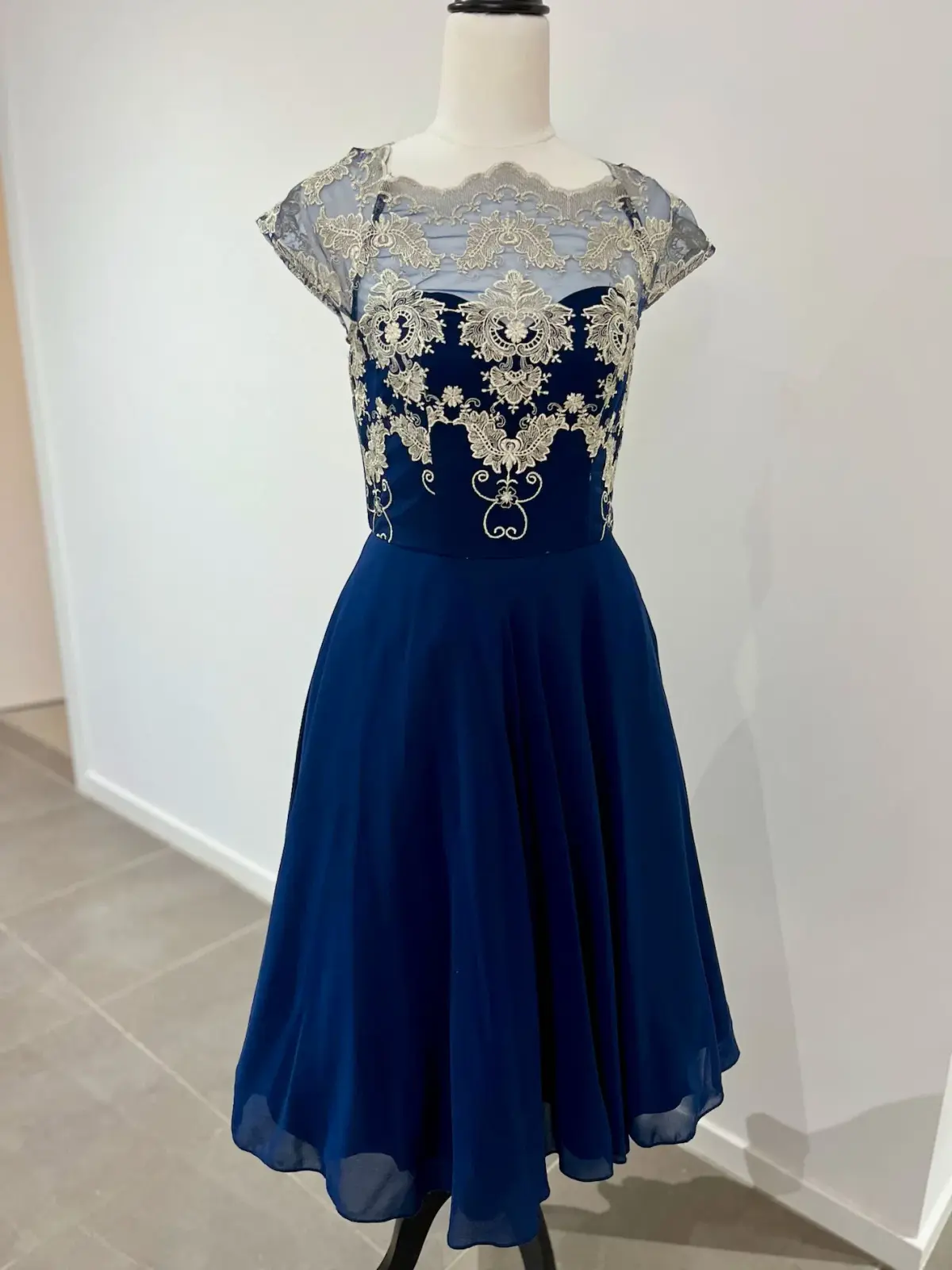 Chi Chi London Chiffon Midi Dress With Embroidery In Navy Size AU 8 - Image 1