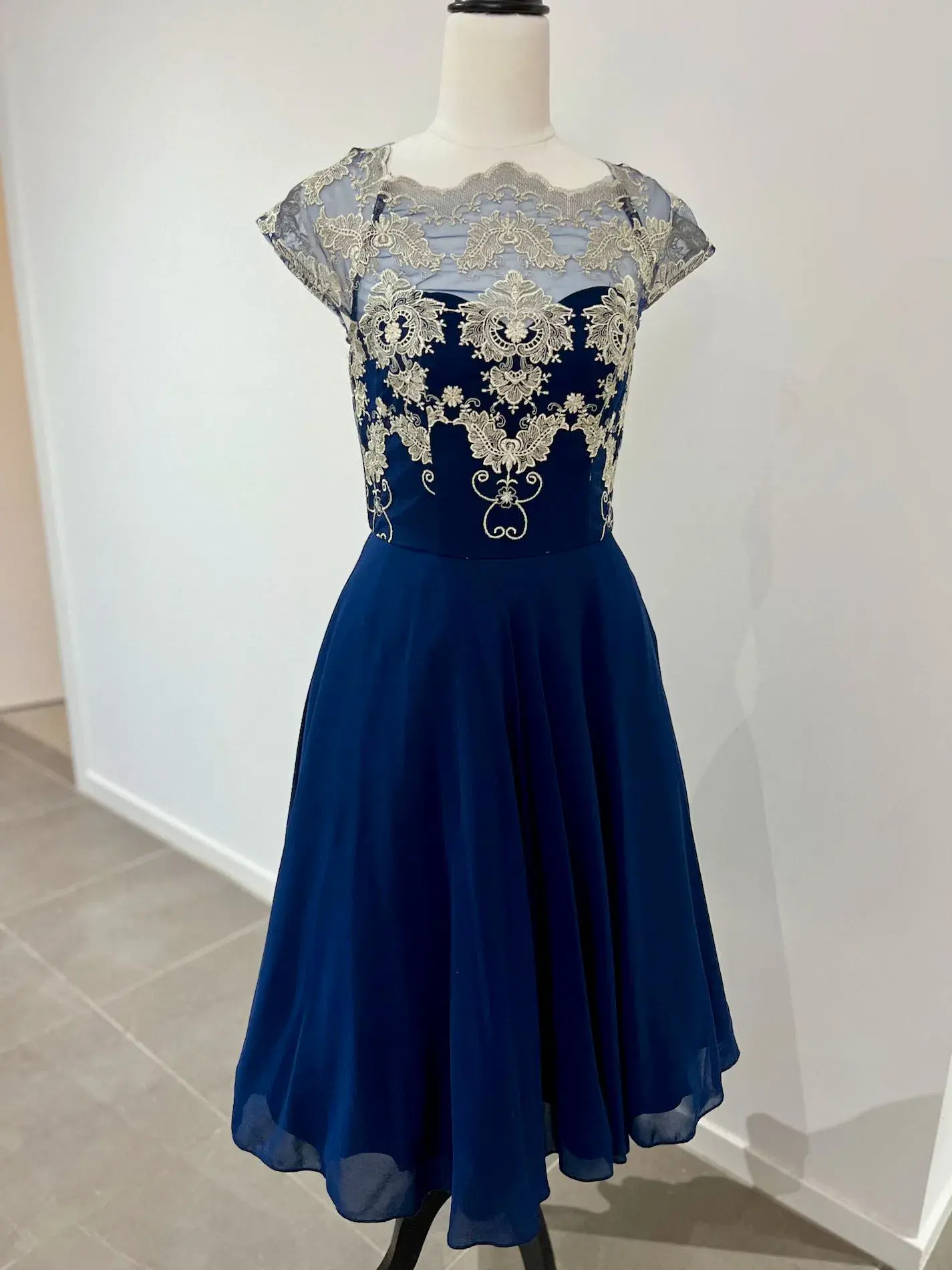 Chi Chi London Chiffon Midi Dress With Embroidery In Navy Size AU 8 - Image 1
