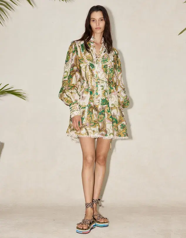 Alemais Octavia Mini Ruffle Dress Linen Long Sleeve Multi Size AU 8 - Image 5