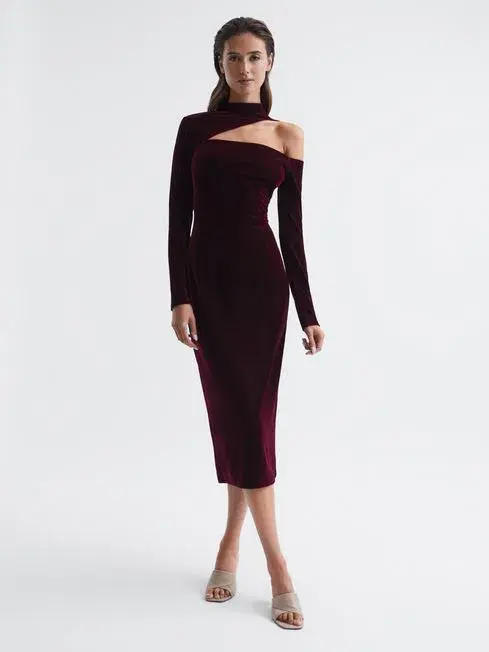 Reiss Tatiana Velvet Cut-out Shoulder Dress Black Size AU 6 for rent on The Volte - main image