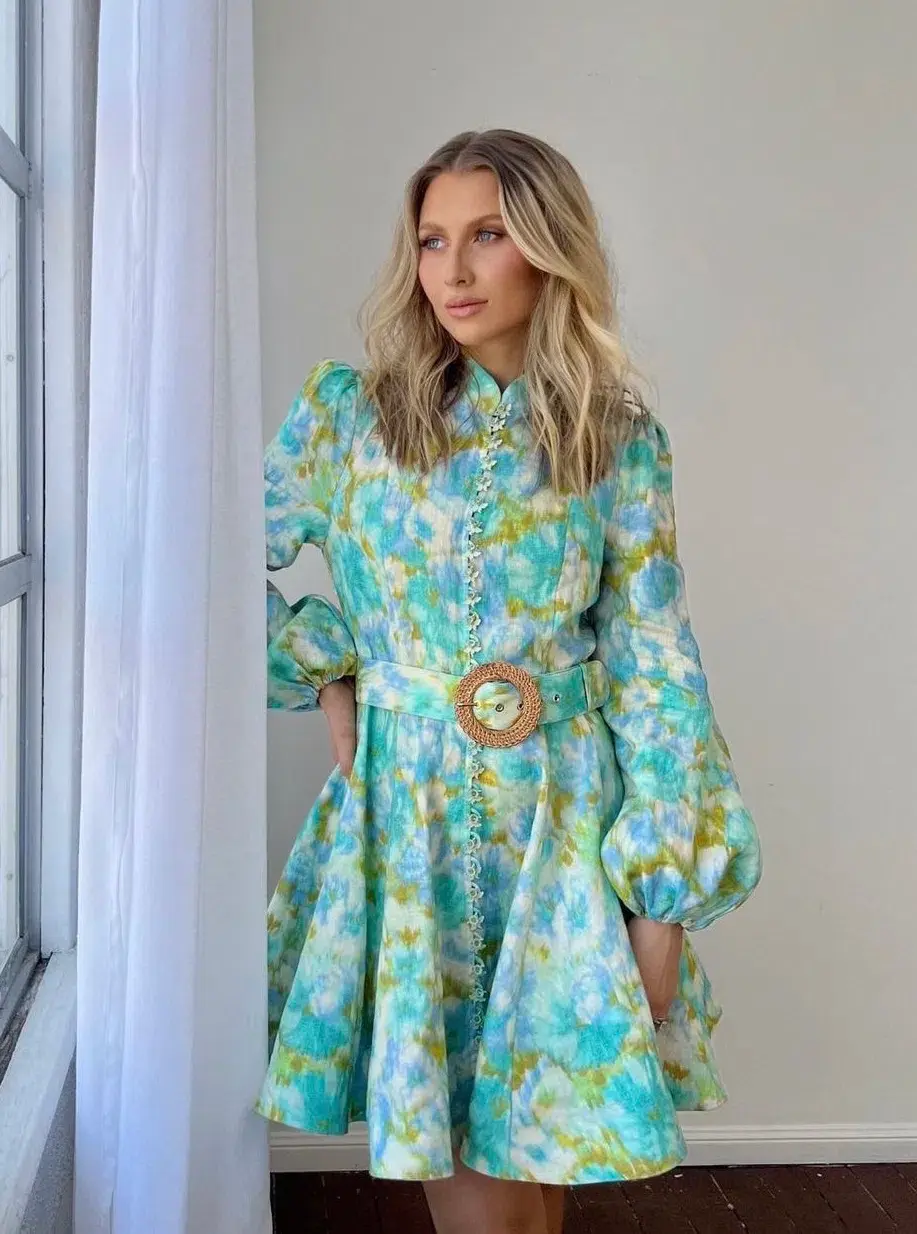 Zimmermann High Tide Buttoned Mini Dress Aqua Ikat Floral Size 1 / Au 10 for rent on The Volte - main image