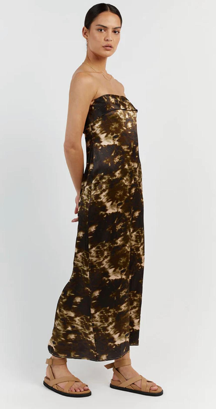 Dissh Mason Satin Tie Dye Strapless Dress Olive Size 10 / M for rent on The Volte - main image