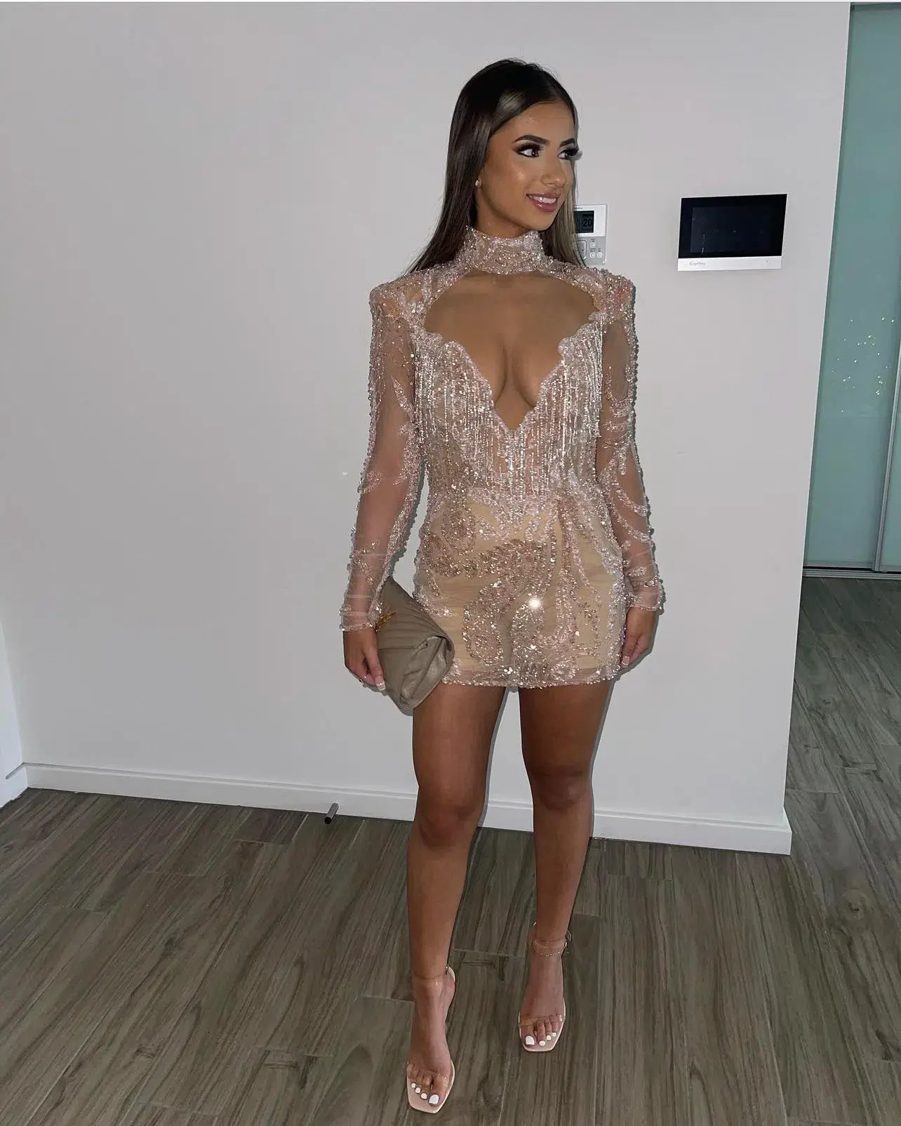 Albina Dyla Gold Couture Rose Gold Beaded Mini Dress Size AU 8 - Image 5