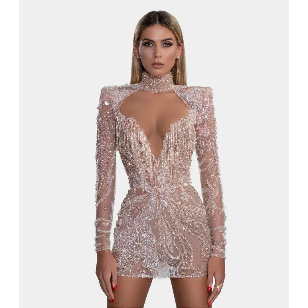 Albina Dyla Gold Couture Rose Gold Beaded Mini Dress Size AU 8 - Image 3