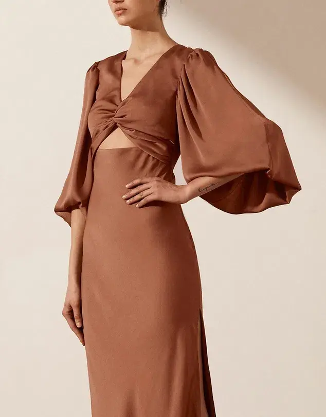 Shona Joy Luxe Twist Front Balloon Sleeve Midi Dress Mocha Size 10 - Image 3