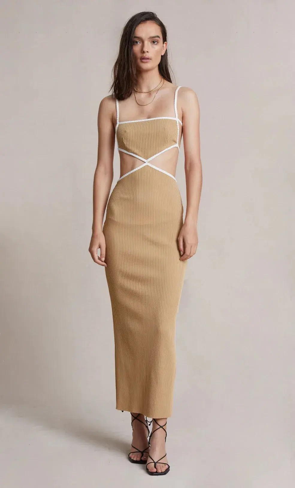 Bec and Bridge Coyote Midi Dress Camel Beige Size 6 for rent on The Volte - main image