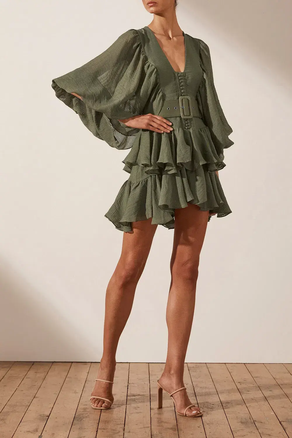 Shona Joy Charlotte Mini Plunge Dress in Khaki Size 14 for rent on The Volte - main image