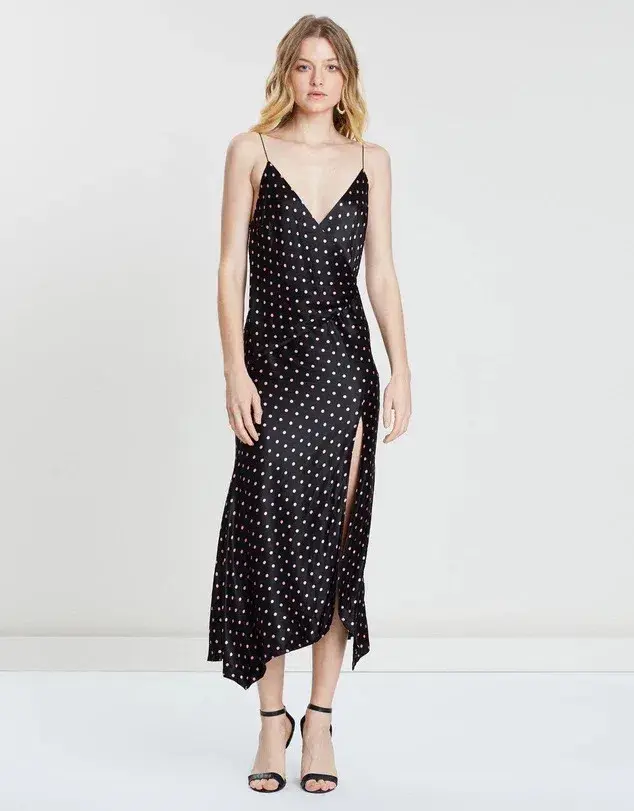 Bec & Bridge Kylie Polka Dot Satin Midi Slip Dress Black AU 6  - Image 1