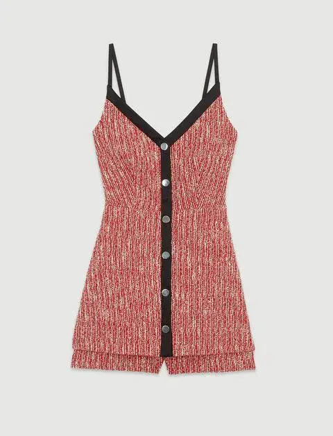 Maje Rever Skirt Overlay Tweed Cotton Blend Playsuit Red Size AU 8 - Image 3