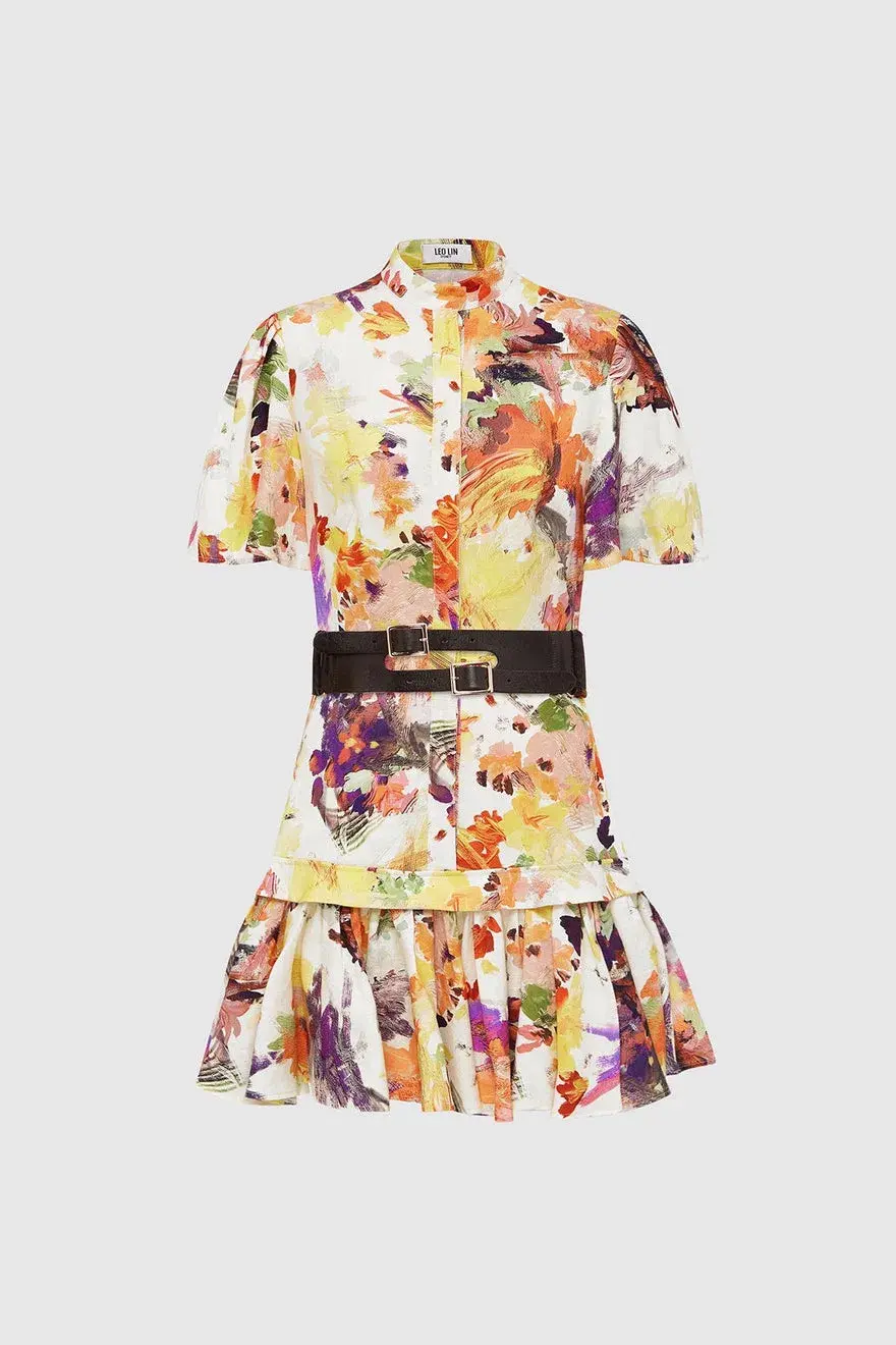 Leo Lin Poise Linen Shirt Mini Dress Floral with Belt Size 8 - Image 1