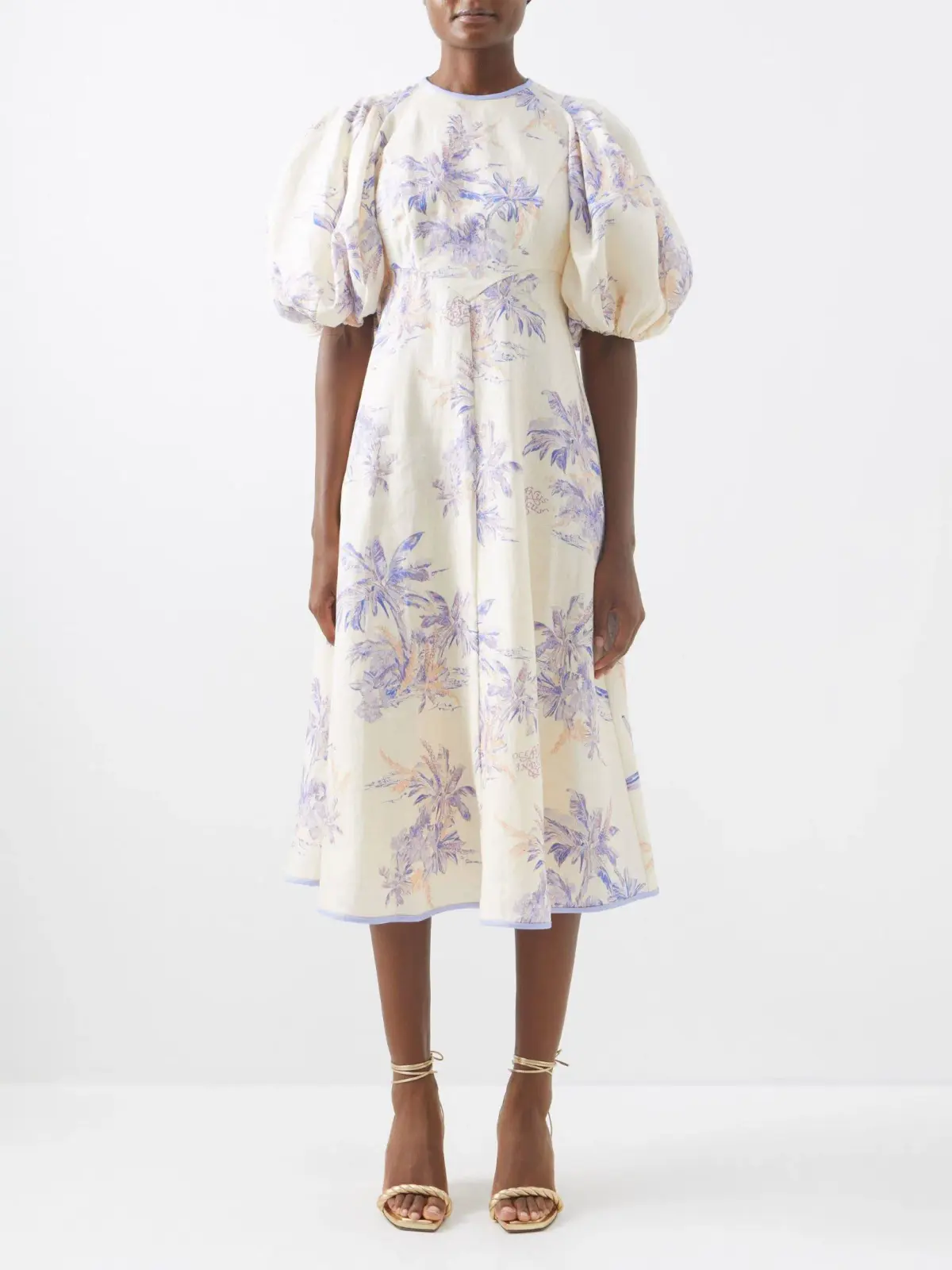 Zimmermann Puff-Sleeve Linen Midi Dress Print Size 3/AU 14 - Image 1