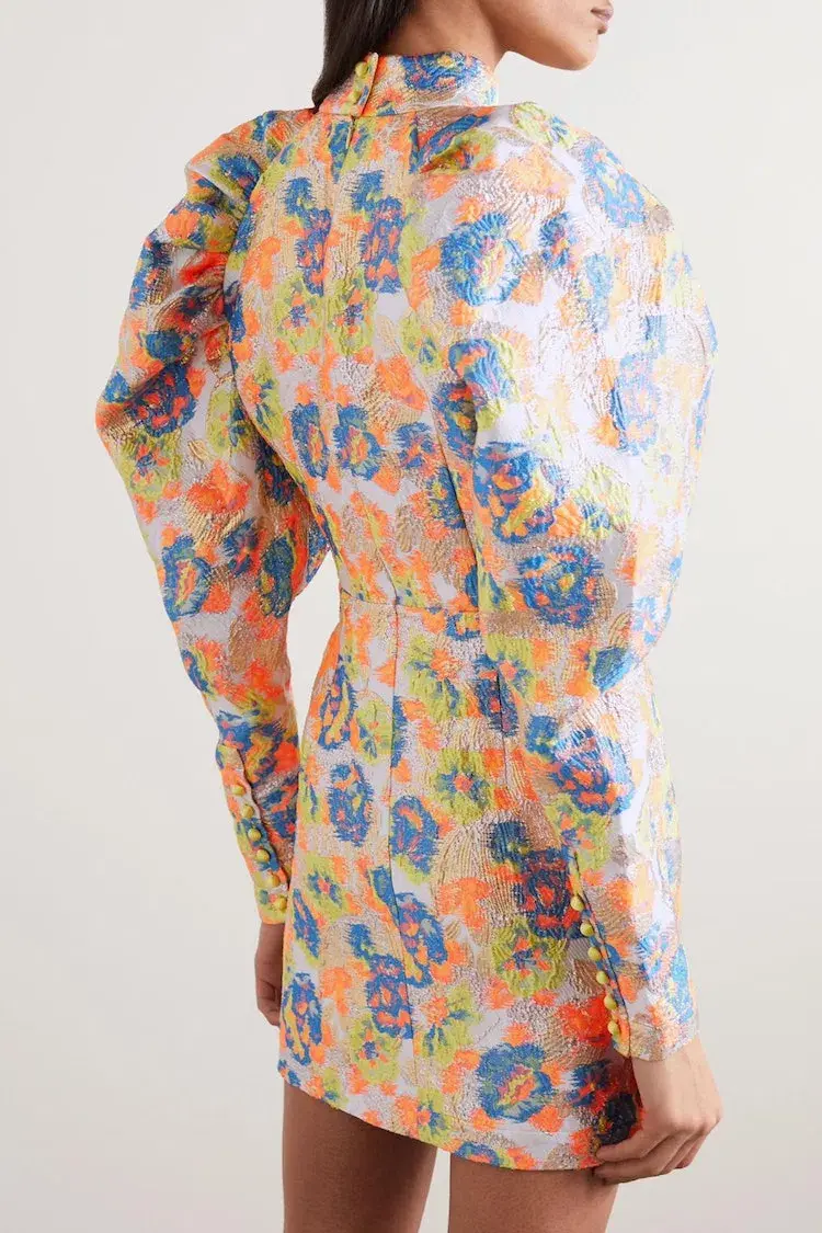 Rotate by Birger Christenson Kim Button  Jacquard Mini Dress Metallic Floral Size 10 - Image 3