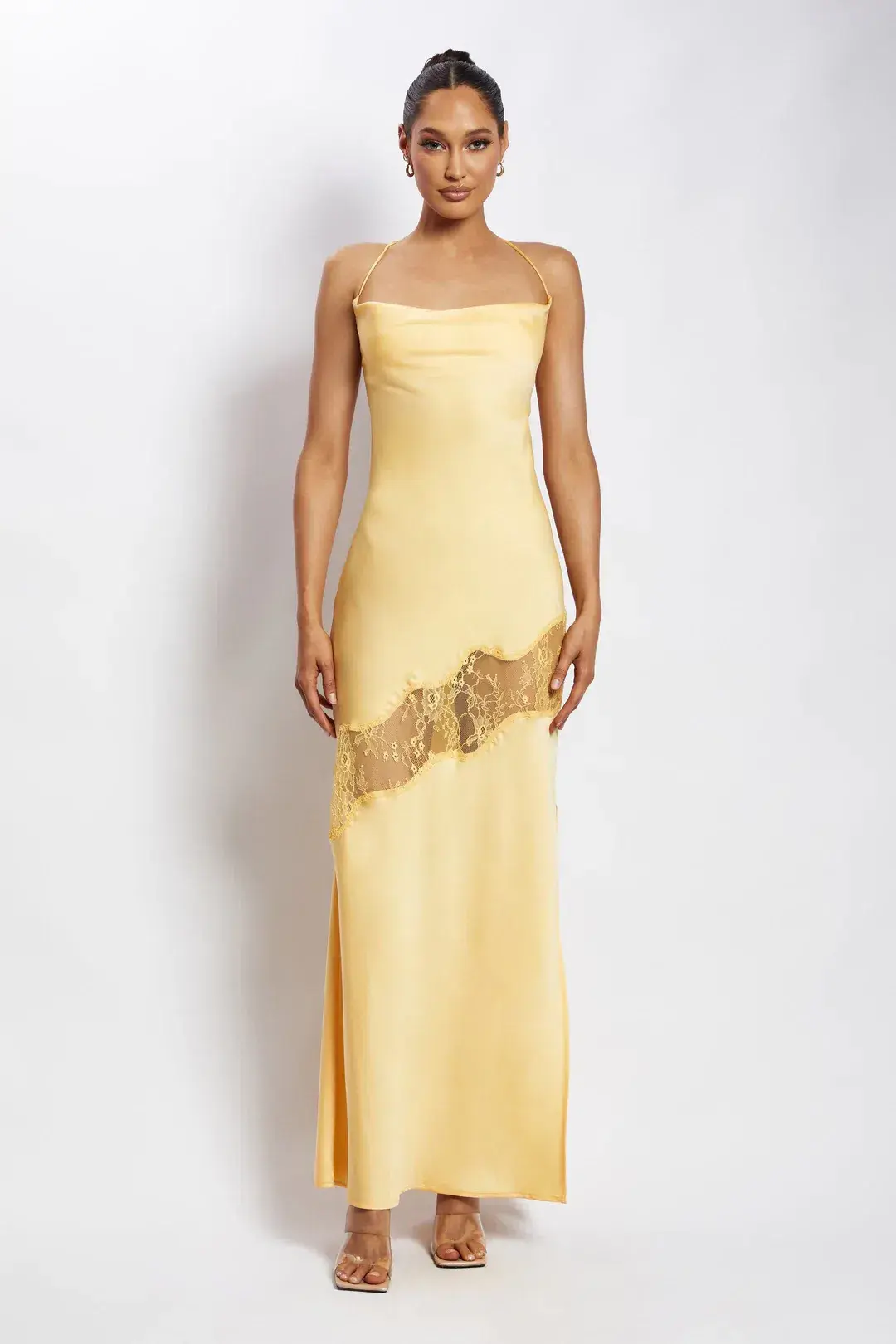Meshki Chandra Lace Detail Satin Maxi Dress Lemon Size 14 - Image 1