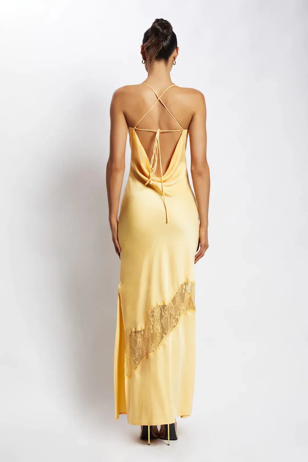 Meshki Chandra Lace Detail Satin Maxi Dress Lemon Size 14 - Image 3