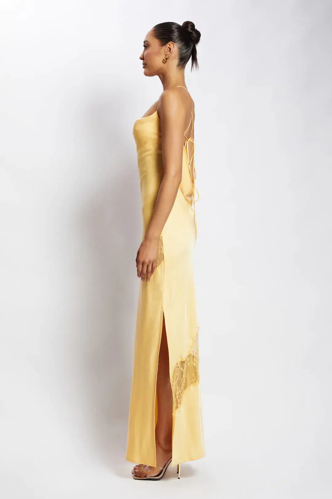 Meshki Chandra Lace Detail Satin Maxi Dress Lemon Size 14 - Image 2