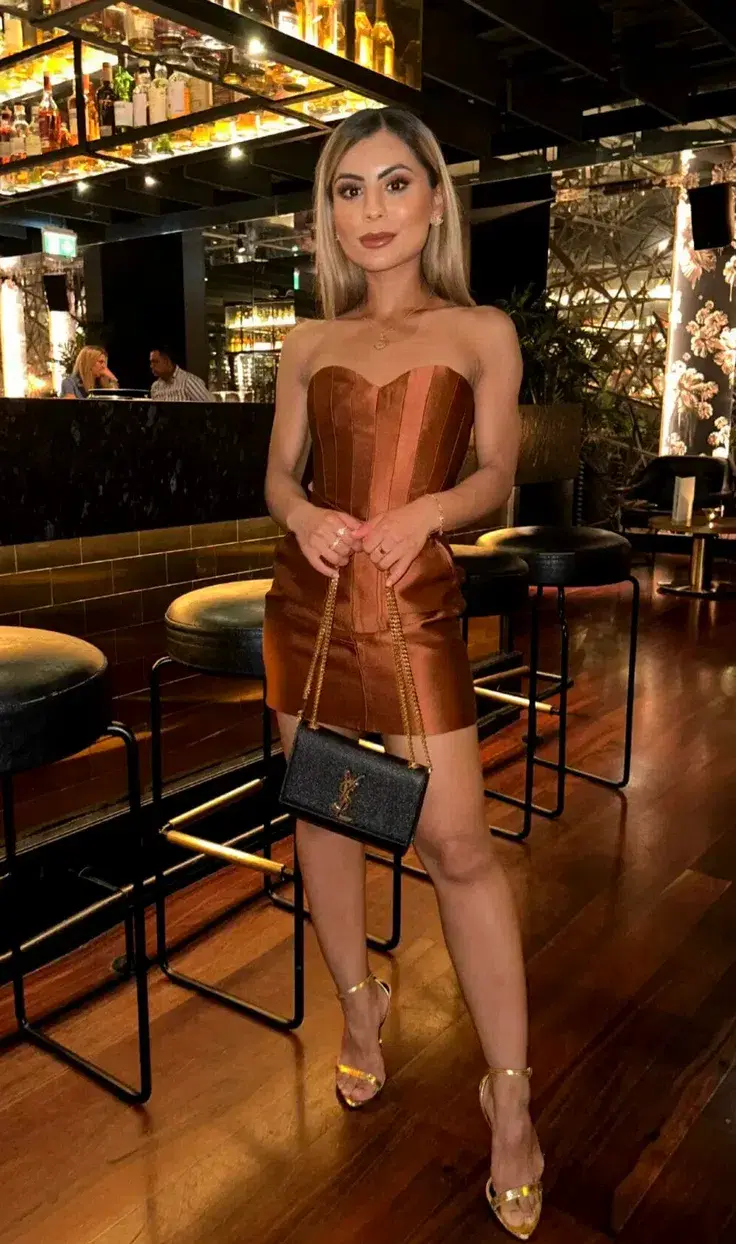 Khirzad Femme Fatale Corset & Detachable Neck Sleeve & Mini Zip Skirt in Rich Brown Size XXS / AU 4 for rent on The Volte - main image